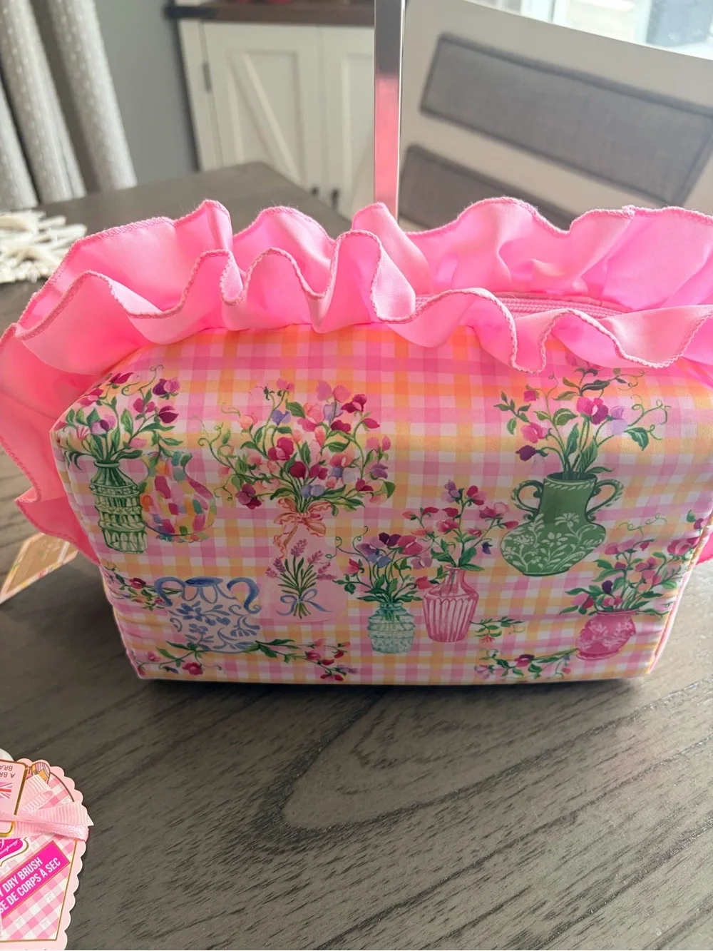 Pink Floral Cosmetic Bag with Ruffle Trim, Exfoliating Cloths, Dry Brush